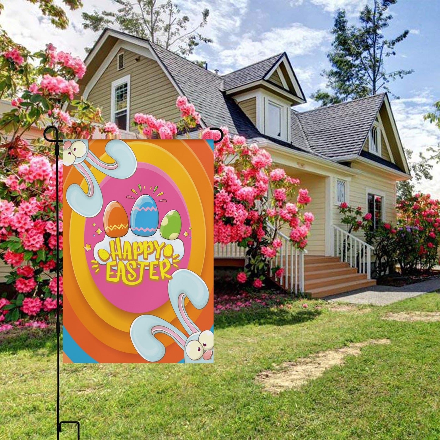 Hoppy Happy Easter on a Satin Garden Flags 12X18 In