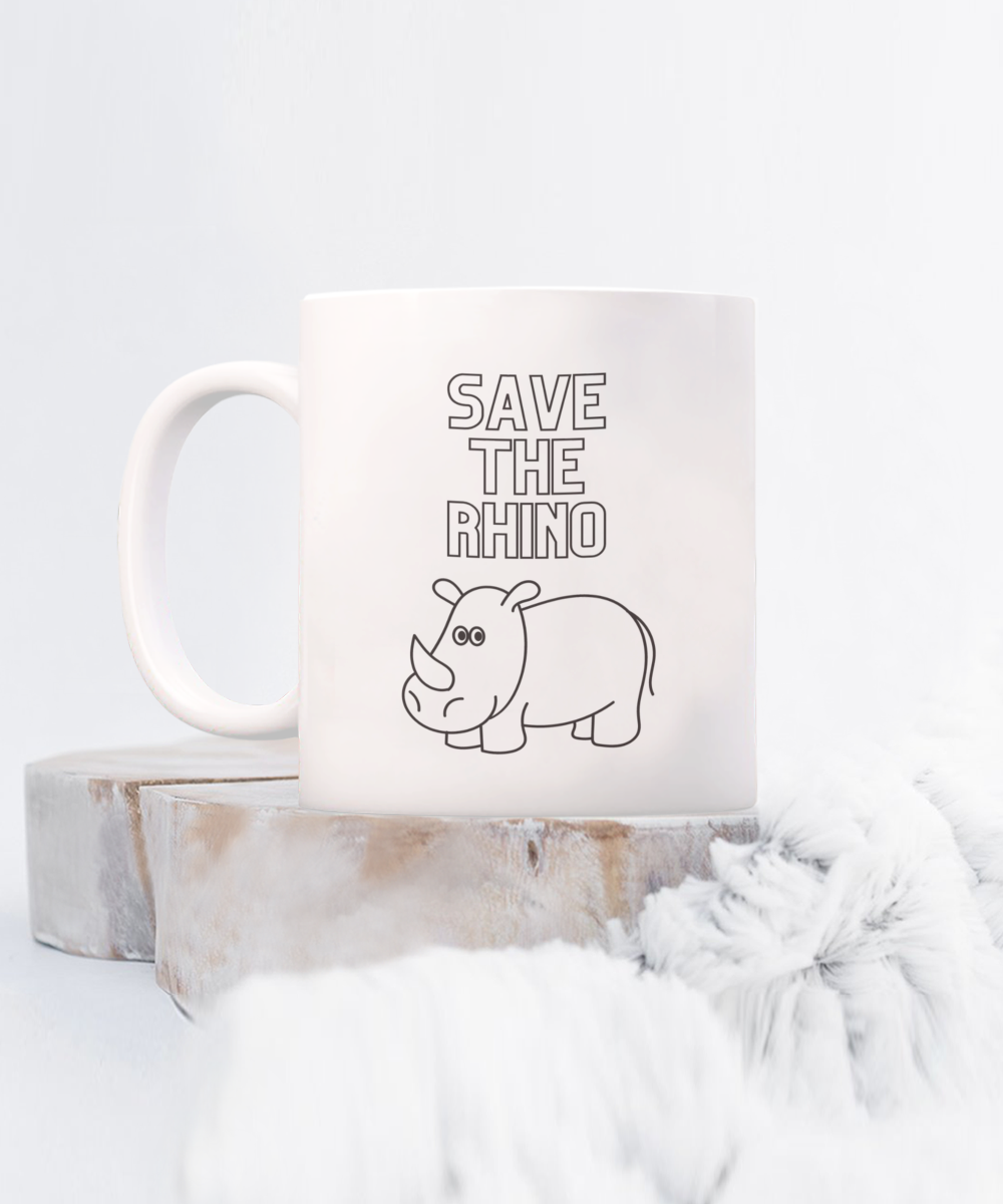 Cute Save the Rhino Day Mug White/Black Available In 2 Sizes